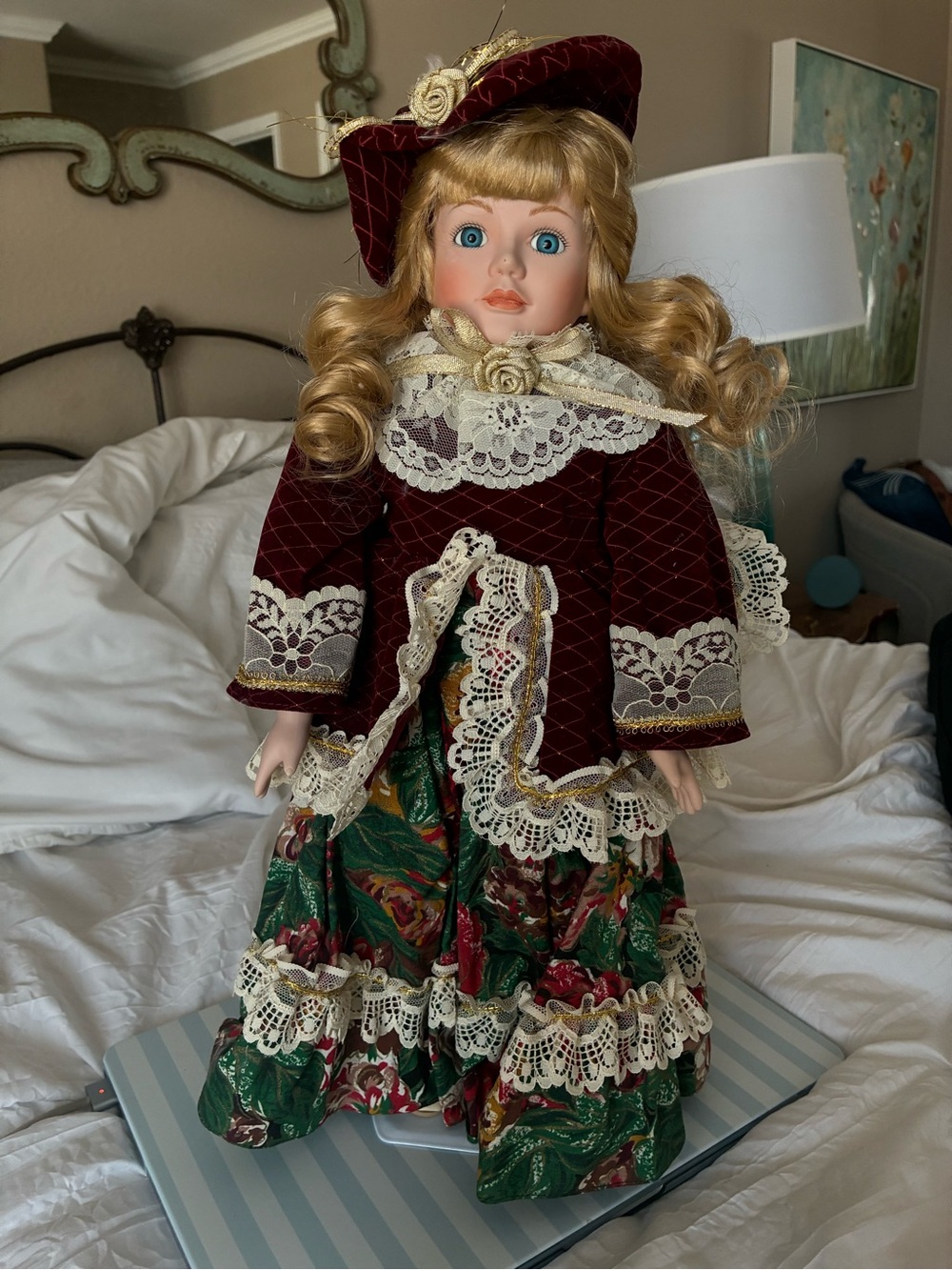Porcelain Fashion Doll in Burgundy and Green - Classic Lace Victorian Style